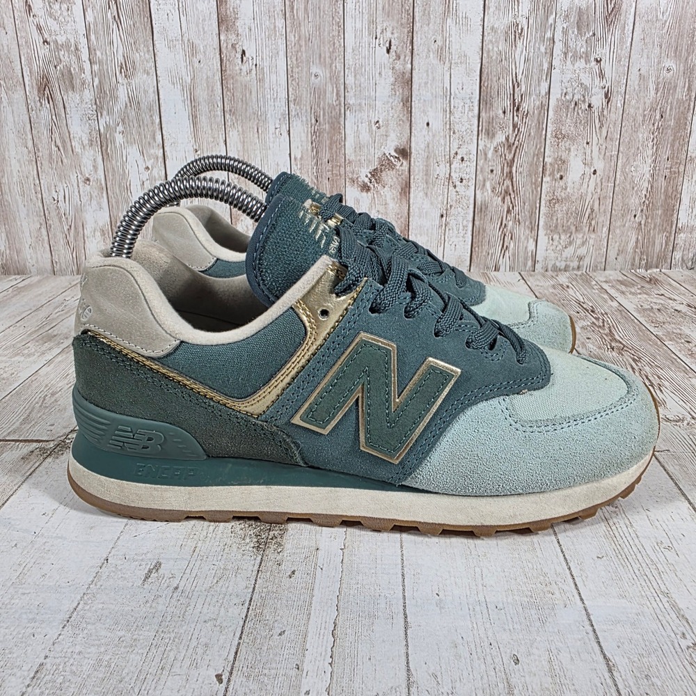 New Balance 574 Womens Teal Sage Green Gold Sneakers WL574MLC Size 7